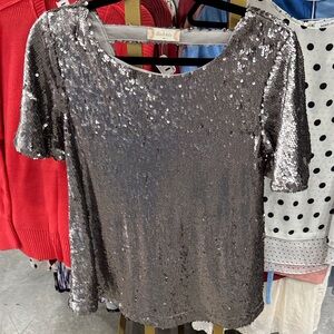 Altar'd State Silver Sequin Short Sleeve Scoop Neck Top